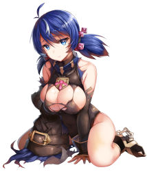 Rule 34 | 1girl, bad anatomy, bad id, bad pixiv id, bare shoulders, belko, black leotard, blue eyes, blue hair, breasts, chain, cleavage, cleavage cutout, clothing cutout, covered navel, detached sleeves, hair ornament, highres, hip focus, large breasts, leotard, looking at viewer, phantom of the kill, simple background, sitting, skindentation, solo, sweat, swept bangs, thighs, torn clothes, vegalta (phantom of the kill), wariza, white background