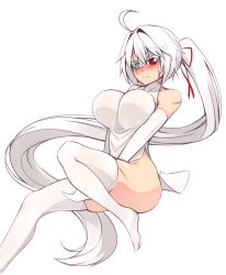 Rule 34 | 1girl, 3:, ahoge, bare shoulders, between legs, blue eyes, blush, breasts, commentary, covered collarbone, covering privates, covering crotch, dress, elbow gloves, english commentary, gloves, hair ribbon, hand between legs, heterochromia, highres, large breasts, long hair, no panties, no shoes, nose blush, original, ponytail, red eyes, red ribbon, ribbon, scar, scar across eye, scar on face, side slit, simple background, solo, sub-res, thighhighs, very long hair, white background, white dress, white gloves, white hair, white thighhighs