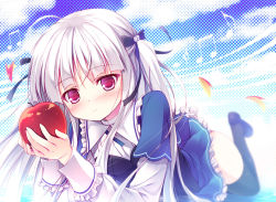 Rule 34 | 10s, 1girl, absolute duo, ahoge, apple, black thighhighs, blush, dress, food, frilled dress, frills, fruit, hair ornament, hair ribbon, long hair, long sleeves, lying, media factory, musical note, red eyes, ribbon, school uniform, smile, solo, thighhighs, two side up, very long hair, white hair, yuku (kiollion), yurie sigtuna