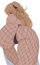 Rule 34 | 1girl, ass, ass focus, back, bare shoulders, black bow, black panties, blonde hair, bow, cameltoe, eyepatch, fischl (genshin impact), fishnet pantyhose, fishnets, from behind, genshin impact, green eyes, hair ribbon, highres, huge ass, long hair, looking at viewer, looking back, mirai hikari, panties, pantyhose, ribbon, shiny skin, simple background, solo, thick thighs, thighs, thong, topless, two side up, underwear, white background
