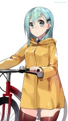 Rule 34 | 10s, 1girl, 2015, after rain, aqua eyes, aqua hair, bad id, bad pixiv id, bicycle, brown thighhighs, coat, dated, hair ornament, hairclip, highres, kantai collection, kuro chairo no neko, looking at viewer, simple background, solo, suzuya (kancolle), thighhighs, twitter username, wet, wet hair, white background