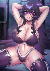 Rule 34 | armpits, arms up, blush, breasts, choker, gluteal fold, highres, huge breasts, large breasts, nyarla (osiimi), osiimi, parted lips, purple eyes, purple hair, smile, sportswear, spread legs, stomach, thick thighs, thighs, wide hips