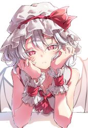 Rule 34 | 1girl, absurdres, bat wings, closed mouth, collarbone, darjeeling (reley), dress, elbow rest, expressionless, frilled shirt, frilled shirt collar, frilled sleeves, frills, grey hair, hat, head on hand, highres, mob cap, red eyes, red neckwear, remilia scarlet, shirt, short hair, slit pupils, solo, touhou, wings