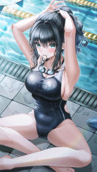 Rule 34 | 1girl, armpits, arms up, bare arms, bare legs, barefoot, black hair, black one-piece swimsuit, blue eyes, blush, breasts, closed mouth, competition swimsuit, goggles, goggles around neck, hair between eyes, hair tie in mouth, highres, indian style, lane line, large breasts, long hair, looking at viewer, mole, mole under mouth, mouth hold, one-piece swimsuit, original, ponytail, poolside, sidelocks, sitting, solo, swimsuit, tying hair, wet, wol (wol 927)