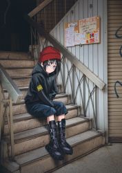 Rule 34 | 1girl, absurdres, bad id, bad twitter id, beanie, black footwear, black hair, blue eyes, blue shorts, blush, boots, bright pupils, bulletin board, closed mouth, cross-laced footwear, gishiki (gshk), hat, highres, hood, hood down, hoodie, lace-up boots, long sleeves, looking at viewer, original, photo background, railing, red hat, short hair, shorts, sitting, solo, stairs, white pupils