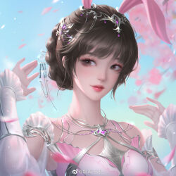 Rule 34 | 1girl, animal ears, bare shoulders, blue sky, braid, branch, brown eyes, brown hair, cherry blossoms, closed mouth, dan qing bu hua, douluo dalu, dress, dust, falling petals, hair ornament, hairpin, hands up, highres, petals, pink dress, rabbit ears, short hair, sky, smile, solo, xiao wu (douluo dalu)