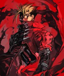 Rule 34 | 1boy, aura, blonde hair, coat, earrings, glasses, hungry clicker, jewelry, long sleeves, looking at viewer, male focus, manly, opaque glasses, red coat, solo, spiked hair, standing, trigun, upper body, vash the stampede