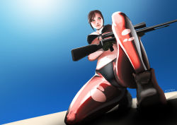 Rule 34 | 1girl, absurdres, armor, bikini, breasts, brown hair, front-tie top, game console, gloves, green eyes, gun, highres, large breasts, metal gear (series), metal gear solid v: the phantom pain, midriff, panties, pantyhose, playstation 3, ponytail, poteniii, quiet (metal gear), rifle, sniper rifle, solo, swimsuit, torn clothes, torn pantyhose, underwear, weapon