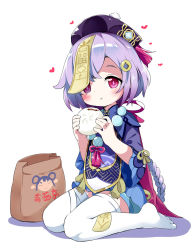 Rule 34 | 1girl, :t, bag, baozi, black hat, closed mouth, colored shadow, commentary request, dress, eating, food, full body, genshin impact, hair ornament, hat, heart, highres, holding, holding food, long sleeves, makuran, no shoes, paper bag, purple dress, purple hair, qingdai guanmao, qiqi (genshin impact), red eyes, shadow, short hair, sitting, soles, solo, thighhighs, wariza, white background, white thighhighs, wide sleeves