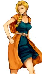 Rule 34 | 1girl, belt, blonde hair, bracer, braid, cape, character request, dragon quest, dragon quest v, dress, hand on own hip, ogros, simple background, solo, white background