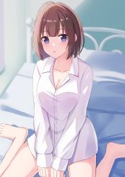 1girl :o bed bed_sheet blurry blurry_background breasts brown_hair chakku_illust collarbone collared_shirt commentary_request depth_of_field highres medium_breasts medium_hair original pillow pink_eyes shirt sidelocks sitting thighs wariza white_shirt