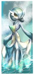 Rule 34 | 1girl, alternate color, blue hair, blue skin, blue sky, bob cut, border, cloud, colored skin, creatures (company), day, female focus, flat chest, full body, game freak, gardevoir, gen 3 pokemon, hair over one eye, highres, legs, legs together, lifted by self, looking at viewer, multicolored skin, nintendo, one eye covered, outdoors, partially submerged, pokemon, pokemon (creature), shiny pokemon, short hair, sky, solo, standing, tensaitou tou, two-tone skin, wading, water, white border, white skin, yellow eyes
