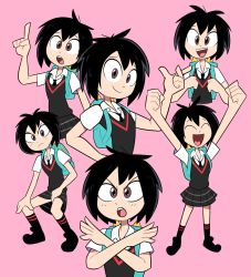 Rule 34 | 1girl, :d, backpack, bag, black hair, brown eyes, hand gesture, hands in air, highres, looking at viewer, marvel, miscon, multiple views, open mouth, peni parker, school uniform, short hair, skirt, smile, spider-man: into the spider-verse, spider-man (series), spider-verse, tongue