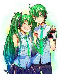 Rule 34 | 1boy, 1girl, absurdres, ahoge, bad id, bad pixiv id, detached sleeves, closed eyes, fingerless gloves, genderswap, genderswap (ftm), gloves, green eyes, green hair, hatsune miku, hatsune mikuo, headset, highres, long hair, nail polish, necktie, open mouth, skirt, smile, tunamizyousuke, twintails, very long hair, vocaloid