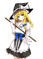 Rule 34 | 1girl, adapted costume, black hat, black skirt, blonde hair, blue bow, blue ribbon, bow, cowboy shot, full body, gloves, grin, hair bow, hat, hat bow, hat ribbon, head tilt, highres, holding, kirisame marisa, long hair, looking at viewer, m-&gt;g, ribbon, ribbon-trimmed gloves, ribbon-trimmed sleeves, ribbon trim, short sleeves, simple background, skirt, smile, solo, standing, touhou, white background, white bow, white gloves, white ribbon, witch hat