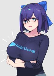 Rule 34 | 1girl, a-chan (1st costume) (hololive), a-chan (hololive), alternate breast size, april fools, batsu, black-framed eyewear, black shirt, blue bow, blue eyes, blue hair, blush, bow, breasts, collarbone, copyright name, crossed arms, glasses, hair bow, highres, hololive, large breasts, long sleeves, looking at viewer, open mouth, shirt, short hair, smile, solo, upper body, virtual youtuber