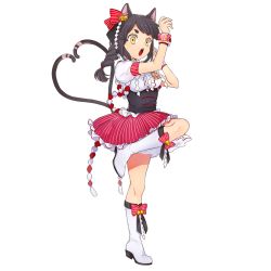 Rule 34 | 1girl, animal ears, black hair, boots, cat ears, cat girl, cat tail, dress, full body, knee boots, leg up, long hair, multiple tails, nekomata (youkai hyakki-tan!), official art, open mouth, short sleeves, solo, tail, thick eyebrows, transparent background, underbust, wrist cuffs, youkai hyakki-tan!