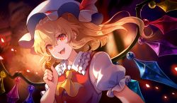 Rule 34 | 1girl, 60mai, :d, ascot, blonde hair, coin, commentary, crystal, flandre scarlet, hair between eyes, hat, holding, holding coin, looking at viewer, mob cap, open mouth, puffy short sleeves, puffy sleeves, red eyes, short hair, short sleeves, side ponytail, smile, solo, touhou, upper body, white hat, wings, yellow ascot