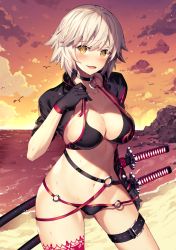 Rule 34 | 1girl, :d, akae neo, beach, bikini, black bikini, black gloves, black jacket, blush, breasts, choker, cleavage, fate/grand order, fate (series), gloves, hair between eyes, highres, jacket, jeanne d&#039;arc alter (swimsuit berserker) (fate), jeanne d&#039;arc (fate), jeanne d&#039;arc alter (fate), jeanne d&#039;arc alter (swimsuit berserker) (fate), large breasts, long hair, looking at viewer, o-ring, o-ring bikini, open mouth, outdoors, red thighhighs, short hair, shrug (clothing), silver hair, single thighhigh, smile, solo, sunset, swimsuit, thighhighs, wet, yellow eyes