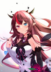 Rule 34 | 1girl, absurdres, bad id, bad pixiv id, bare shoulders, blue eyes, bridal gauntlets, brown hair, closed mouth, dress, floating hair, heterochromia, highres, hololive, hololive english, horns, irys (hololive), jiang ye kiri, long hair, multicolored hair, pointy ears, purple eyes, red hair, sleeveless, sleeveless dress, solo, streaked hair, upper body, virtual youtuber, white dress