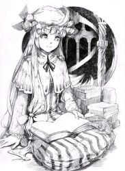 Rule 34 | 1girl, book, book stack, bow, capelet, column, crescent, crescent hat ornament, dress, frilled shirt collar, frilled sleeves, frills, graphite (medium), greyscale, hair bow, hair ribbon, hat, hat bow, hat ornament, highres, long hair, long sleeves, looking at viewer, matumasima, mob cap, monochrome, neck ribbon, open book, patchouli knowledge, pillar, ribbon, sitting, sketch, smile, solo, spiral staircase, stairs, striped clothes, striped dress, touhou, traditional media, tress ribbon, vertical-striped clothes, vertical-striped dress, very long hair, yokozuwari