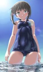 Rule 34 | 1girl, absurdres, bare arms, black eyes, black hair, blue one-piece swimsuit, blush, breasts, collarbone, covered navel, day, dd (ijigendd), fubuki (kancolle), gluteal fold, highres, kantai collection, looking at viewer, low ponytail, old school swimsuit, one-piece swimsuit, ponytail, school swimsuit, school swimsuit flap, short ponytail, sidelocks, small breasts, solo, swimsuit
