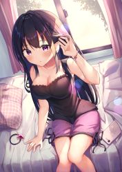 Rule 34 | 1girl, absurdres, bare arms, bed, bed sheet, black hair, black tank top, blanket, bracelet, breasts, cellphone, cleavage, collarbone, commentary request, curtains, from above, hair ornament, hand in own hair, highres, jewelry, knees together feet apart, long hair, looking at viewer, mix star, moe2021, original, parted lips, phone, pillow, purple eyes, purple shorts, shorts, sidelocks, sitting, smartphone, solo, strap slip, tank top, unworn hair ornament, window