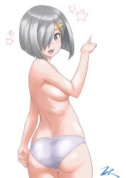 Rule 34 | 1girl, ass, blue eyes, breasts, commentary request, convenient arm, cowboy shot, from behind, hair ornament, hair over one eye, hairclip, hamakaze (kancolle), highres, kantai collection, large breasts, looking at viewer, looking back, open mouth, panties, pointing, short hair, sideboob, silver hair, simple background, solo, standing, t2r, teeth, thigh gap, topless, underwear, underwear only, upper teeth only, white background, white panties