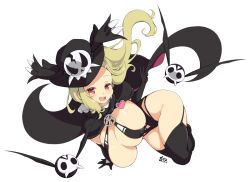 Rule 34 | ass, blonde hair, breasts, curvy, faxbunny, gloves, hat, highres, large breasts, mole, mole under mouth, open mouth, red eyes, senran kagura, shiki (senran kagura), slingshot swimsuit, swimsuit, thighs, v, witch hat