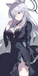 Rule 34 | 1girl, aged up, animal ear fluff, animal ears, black dress, blue archive, blue eyes, breasts, broken halo, cleavage, collarbone, cross hair ornament, dress, extra ears, grey hair, hair ornament, halo, highres, large breasts, long hair, long sleeves, looking at viewer, maosame, shiroko (blue archive), shiroko terror (blue archive), solo, thighs, wolf ears
