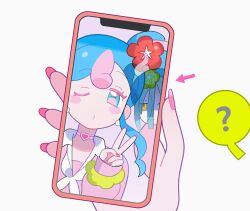 Rule 34 | ..., 2girls, :d, ?, aqua eyes, blue hair, cellphone, choker, close-up, collared sweater, creatures (company), detached sleeves, dot mouth, expressionless, fairy miku (project voltage), flower, game freak, ghost miku (project voltage), hair flower, hair ornament, half-closed eyes, hatsune miku, heart, heart choker, highres, klarogiraffe, multiple girls, neckerchief, nintendo, official alternate costume, official alternate hairstyle, one eye closed, open mouth, phone, pink hair, pink nails, pink sweater, pokemon, project voltage, scrunchie, selfie, sleeves past wrists, smartphone, smile, spoken question mark, sweater, twintails, v, vocaloid, white background, white neckerchief, wrist scrunchie, yellow eyes, yellow scrunchie