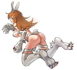 Rule 34 | 1girl, animal ears, animal hands, ass, bad id, bad pixiv id, breasts, capcom, charlotte e. yeager, cosplay, felicia (cosplay), felicia (vampire), from behind, fur, grin, kirusu, large breasts, long hair, looking back, orange hair, rabbit ears, rabbit girl, rabbit tail, smile, solo, strike witches, tail, vampire (game), world witches series