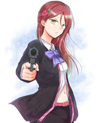 Rule 34 | 1girl, bad id, bad pixiv id, belt, belt buckle, black jacket, black pants, blue neckwear, brown hair, buckle, collared shirt, dress shirt, floating hair, flower, guilty kiss (love live!), gun, hair between eyes, hair flower, hair ornament, holding, holding gun, holding weapon, hzk, jacket, long hair, looking at viewer, love live!, love live! school idol festival, love live! sunshine!!, midriff, navel, open clothes, open jacket, pants, parted lips, pink belt, red flower, red rose, rose, sakurauchi riko, shirt, solo, standing, stomach, weapon, white background, white shirt, wing collar, yellow eyes