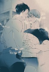 Rule 34 | 2boys, abs, akitaru oubi, bara, blush, bulge, clothes lift, couple, dry humping, en&#039;en no shouboutai, eye contact, frottage, glasses, grabbing, hand on another&#039;s chest, hand on another&#039;s hip, hand under clothes, humping, large pectorals, lifting another&#039;s clothes, looking at another, male focus, male underwear, monochrome, multiple boys, muscular, muscular male, navel, nipples, open mouth, pants, pectoral grab, pectorals, sat-tsu, shirt, shirt lift, short hair, smile, takehisa hinawa, thighs, topless male, underwear, yaoi