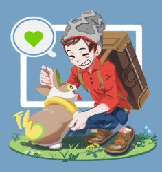 Rule 34 | 1boy, backpack, bag, beanie, blue background, brown footwear, brown hair, cable knit, commentary request, creatures (company), denim, flower, game freak, gen 8 pokemon, grass, green eyes, grey headwear, hat, heart, highres, jeans, nintendo, pants, plaid, pokemon, pokemon (creature), pokemon swsh, red shirt, shirt, shoes, sleeves rolled up, smile, spoken heart, tail, tail wagging, torn clothes, torn jeans, torn pants, victor (pokemon), white flower, yamper, yomoyama yotabanashi