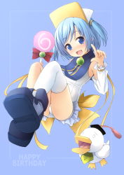 Rule 34 | 1girl, :d, ah-kun, animal, ass, bird, blue background, blue eyes, blue footwear, blue hair, blush, boots, bow, candy, commentary request, detached sleeves, duck, food, frills, full body, hands up, happy birthday, highres, holding, holding candy, holding food, holding lollipop, index finger raised, lollipop, long sleeves, moetan, nijihara ink, one-piece swimsuit, open mouth, pastel ink, red bow, shibacha, shoe soles, single thighhigh, smile, swimsuit, swirl lollipop, thighhighs, thighhighs under boots, two side up, visor cap, white headwear, white one-piece swimsuit, white sleeves, white thighhighs