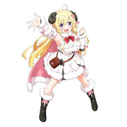 Rule 34 | 1girl, absurdres, ahoge, arm up, armpits, belt pouch, blonde hair, blue eyes, blush, boots, breasts, cape, detached sleeves, dress, felutiahime, fur-trimmed boots, fur-trimmed cape, fur-trimmed dress, fur trim, hair between eyes, hair ornament, hairclip, halter dress, halterneck, highres, hololive, horns, large breasts, long hair, looking at viewer, open hand, open mouth, pouch, sheep girl, sheep horns, sidelocks, simple background, smile, solo, tsunomaki watame, tsunomaki watame (1st costume), virtual youtuber, white background, white dress