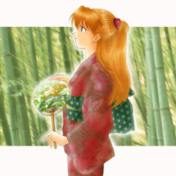 Rule 34 | 1girl, bamboo, bamboo forest, blue eyes, hand fan, forest, japanese clothes, kimono, long hair, nature, neon genesis evangelion, non-web source, paper fan, red hair, solo, souryuu asuka langley, uchiwa