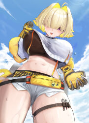 Rule 34 | 1girl, absurdres, black gloves, black sports bra, blonde hair, blue sky, cloud, cloudy sky, commentary, crop top, crop top overhang, denim, denim shorts, elegg (nikke), from below, gloves, goddess of victory: nikke, green hair, grey shorts, hair over eyes, highres, just tume, long bangs, micro shorts, multicolored clothes, multicolored gloves, multicolored hair, navel, outdoors, purple eyes, shirt, short hair, short shorts, shorts, sky, solo, sports bra, stomach, streaked hair, sweat, thick thighs, thigh strap, thighs, tongue, tongue out, two-tone gloves, white shirt, yellow gloves