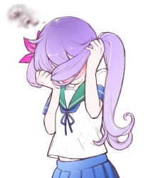 Rule 34 | 10s, 1girl, akebono (kancolle), bad id, bad twitter id, covering face, embarrassed, flower, hair flower, hair ornament, highres, hinya (wabi), holding, holding own hair, inactive account, kantai collection, long hair, purple hair, school uniform, serafuku, side ponytail, skirt, solo, very long hair, wavy mouth