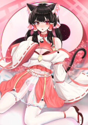 Rule 34 | 1girl, absurdres, adapted costume, alternate costume, animal collar, animal ear fluff, animal ears, bare shoulders, black hair, blush, bow, breasts, cat ears, cat tail, cleavage, collar, colored inner hair, commentary request, frilled hair tubes, frills, hair bow, hair tubes, hakurei reimu, hand up, highres, kemonomimi mode, light particles, long hair, long sleeves, looking at viewer, medium breasts, multicolored hair, nyarocks, off-shoulder shirt, off shoulder, open mouth, panties, pink background, pink bow, pink panties, red collar, red eyes, red skirt, ribbon-trimmed legwear, ribbon-trimmed sleeves, ribbon trim, see-through, shirt, sitting, skirt, sleeves past fingers, sleeves past wrists, solo, tail, thighhighs, touhou, underwear, v-shaped eyebrows, very long hair, wariza, white thighhighs, wide sleeves, yin yang