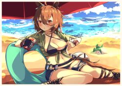 Rule 34 | 1girl, absurdres, agnes tachyon (lunatic lab) (umamusume), agnes tachyon (umamusume), ahoge, animal ears, areola slip, beach, belt, bendy straw, bikini, bikini top pull, black bikini, black gloves, blue shorts, breasts, brown eyes, brown hair, canister, cleavage, collarbone, commentary request, cork, criss-cross halter, cup, daikon, disposable cup, drinking straw, ear ornament, fingerless gloves, flask, gloves, green jacket, hair between eyes, halterneck, highres, holding, holding cup, horse ears, horse girl, horse tail, innertube, jacket, leg belt, looking at viewer, lounging, medium breasts, messy hair, navel, ocean, official alternate costume, open clothes, open shorts, parasol, pulled by self, radish, round-bottom flask, sand, shadow, short shorts, shorts, signature, single fingerless glove, sitting, sky, solo, sparkle, swim ring, swimsuit, tail, tied jacket, torn clothes, torn shorts, umamusume, umbrella, woruta (soloistlist), wrist straps