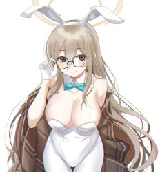 Rule 34 | 1girl, akane (blue archive), akane (bunny) (blue archive), animal ears, aqua bow, aqua bowtie, black-framed eyewear, blue archive, bow, bowtie, breasts, brown eyes, cowboy shot, detached collar, eko, fake animal ears, glasses, gloves, halo, highleg, highleg leotard, highres, large breasts, leaning forward, leotard, light brown hair, long hair, looking at viewer, pantyhose, plaid shawl, playboy bunny, rabbit ears, shawl, simple background, smile, solo, standing, strapless, strapless leotard, traditional bowtie, very long hair, white background, white gloves, white leotard, white pantyhose