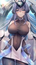 Rule 34 | 1girl, :3, absurdly long hair, azur lane, bare shoulders, blue eyes, blue hair, blush, bodystocking, breasts, closed mouth, coat, commentary, covered collarbone, covered erect nipples, covered navel, cowboy shot, dress, elbow gloves, gloves, hair between eyes, hair intakes, headgear, highres, large breasts, long hair, looking at viewer, mychadum, new jersey (azur lane), off shoulder, outstretched arms, rigging, sidelocks, smile, solo, standing, taut clothes, very long hair, white coat, white dress, white gloves