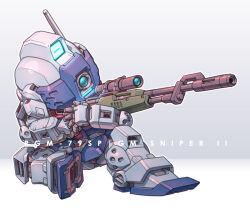 Rule 34 | aiming, character name, chibi, commentary request, gm sniper ii, grey background, gun, gundam, gundam 0080, holding, holding gun, holding weapon, mecha, mobile suit, no humans, radio antenna, rifle, robot, science fiction, scope, sd gundam, sitting, sniper rifle, solo, susagane, two-tone background, weapon, white background