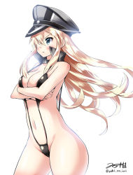 Rule 34 | 10s, 1girl, alternate costume, bare shoulders, bikini, bismarck (kancolle), black bikini, blonde hair, blue eyes, blush, breast hold, breasts, cleavage, cowboy shot, crossed arms, detached collar, from side, hair between eyes, hair over one eye, hat, kantai collection, long hair, looking away, navel, peaked cap, revealing clothes, serious, sidelocks, signature, slingshot swimsuit, solo, standing, strap gap, swimsuit, twitter username, white background, wide hips, wind, yuuki hb