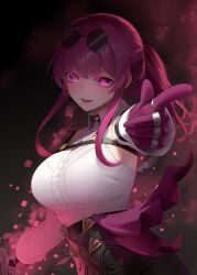 Rule 34 | 1girl, blunt ends, bright pupils, chest harness, cleavage cutout, clothing cutout, dark background, detached sleeves, eyewear on head, finger gun, gloves, glowing, glowing eyes, hair over eyes, harness, high-waist shorts, highres, honkai: star rail, honkai (series), jewelry, kafka (honkai: star rail), lips, long sleeves, looking at viewer, medium hair, multiple rings, open mouth, pink gloves, ponytail, purple eyes, purple gloves, purple hair, ravenpulse, ring, round eyewear, shirt, shorts, simple background, sleeveless, sleeveless shirt, solo, sunglasses, white shirt