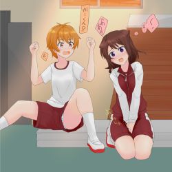 Rule 34 | 2girls, bang dream!, between legs, blue panties, blush, breasts, brown hair, clenched hands, collarbone, embarrassed, female focus, full body, gym uniform, hair ornament, hairclip, hand between legs, hands up, have to pee, highres, jacket, japanese text, kitazawa hagumi, kneeling, legs together, long sleeves, multiple girls, nose blush, open mouth, orange hair, own hands together, panties, panty peek, peeing, peeing self, purple eyes, raglan sleeves, red eyes, red footwear, red jacket, red shorts, sen no yugami, shirt, shoes, short hair, short sleeves, shorts, sitting, skindentation, small breasts, socks, speech bubble, spread legs, striped clothes, striped panties, surprised, talking, toyama kasumi, track jacket, translation request, trembling, underwear, upshorts, v arms, wet, wet clothes, white legwear, white shirt, zipper, zipper pull tab