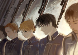 Rule 34 | 2girls, 3boys, alternate universe, amestris military uniform, artist name, bags under eyes, black hair, blonde hair, blurry, closed mouth, commentary, depth of field, english commentary, english text, execution, extra, folded ponytail, fullmetal alchemist, gun, gun to head, hair slicked back, highres, lineup, long sleeves, looking at another, looking at viewer, mixed-language commentary, multiple boys, multiple girls, profile, rifle, riza hawkeye, roy mustang, short hair, smile, updo, upper body, weapon, zuoqiyanye