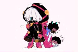 Rule 34 | 3boys, arjuna (fate), arjuna alter (fate), black coat, black hair, blue eyes, boots, breath, chibi, coat, colored skin, cross-laced footwear, dark skin, dark-skinned male, dual persona, fate/grand order, fate (series), gloves, hair over one eye, hood, hood up, karna (fate), karna (santa) (fate), lace-up boots, looking at another, male focus, mittens, multiple boys, pink background, red footwear, red gloves, simple background, snow, thigh boots, thighhighs, towako368136, white hair, white skin